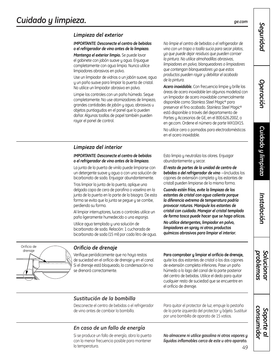 Cuidado y limpieza, Sopor te a l consumidor solucionar pr oblemas, Seguridad operación instalación | GE PCR06WATSS User Manual | Page 49 / 64