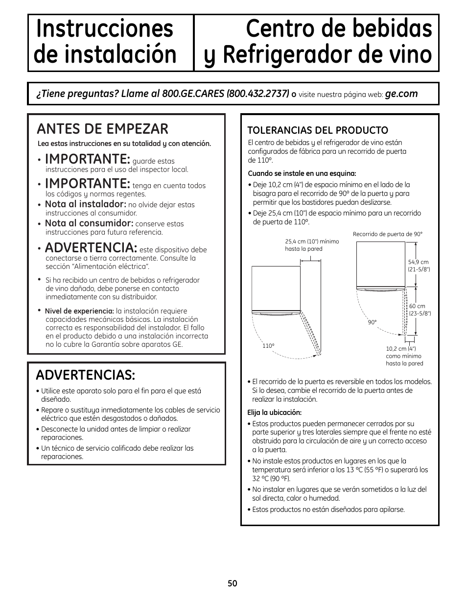 Instrucciones de instalación, Ubicación, Ubicación , 51 | Antes de empezar, Importante, Advertencia, Advertencias | GE PCR06WATSS User Manual | Page 50 / 64