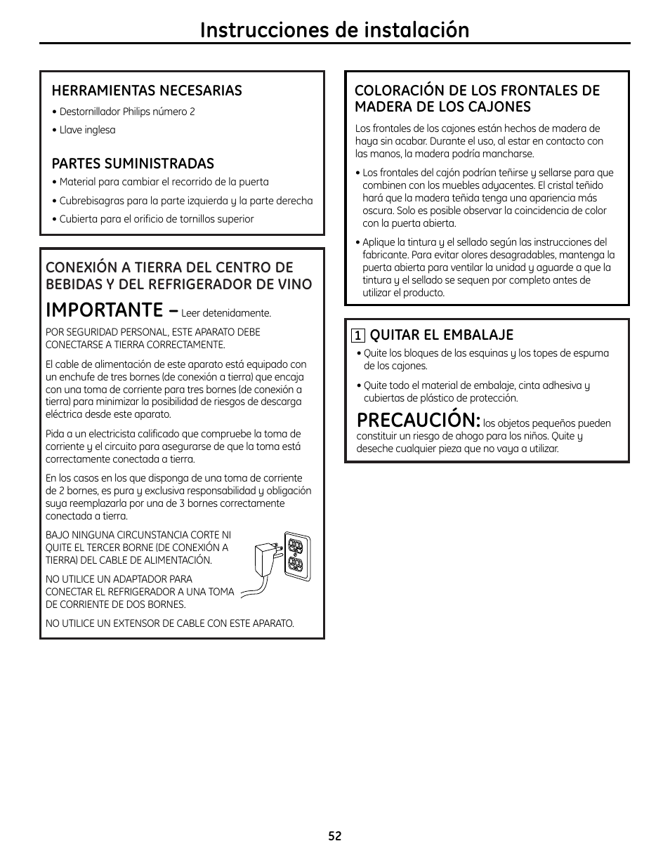 Instrucciones de instalación, Importante, Precaución | Herramientas necesarias, Partes suministradas quitar el embalaje | GE PCR06WATSS User Manual | Page 52 / 64