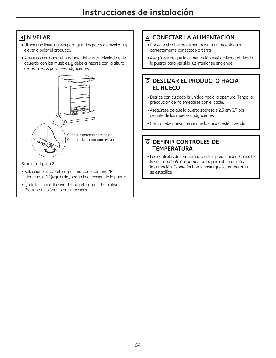 Nivelado, Instrucciones de instalación, Nivelar | Conectar la alimentación, Deslizar el producto hacia el hueco, Definir controles de temperatura | GE PCR06WATSS User Manual | Page 54 / 64