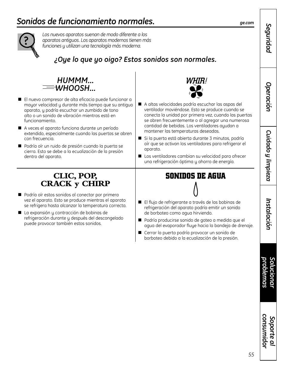 Sonidos de funcionamiento normales, Hummm... whoosh, Clic, pop, crack y chirp | Sonidos de agua, Oye lo que yo oigo? estos sonidos son normales, Sopor te a l consumidor solucionar pr oblemas, Seguridad operación instalación | GE PCR06WATSS User Manual | Page 55 / 64