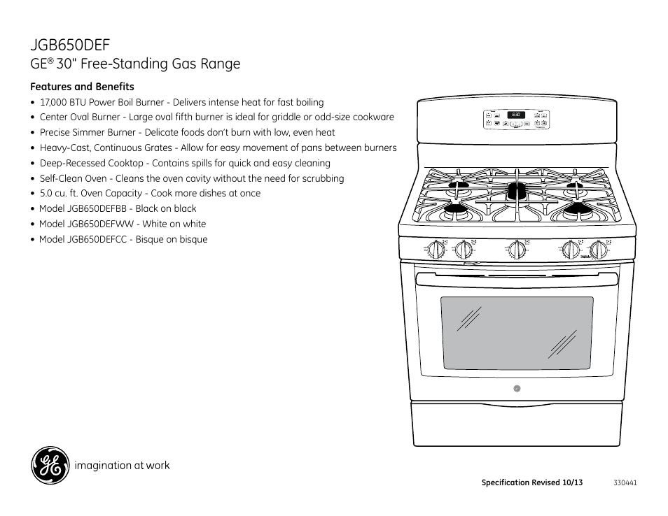 Jgb650def, 30" free-standing gas range | GE JGB650DEFBB User Manual | Page 2 / 2