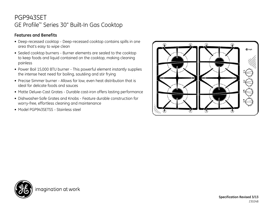 Pgp943set, Ge profile, Series 30" built-in gas cooktop | GE PGP943SETSS User Manual | Page 2 / 2