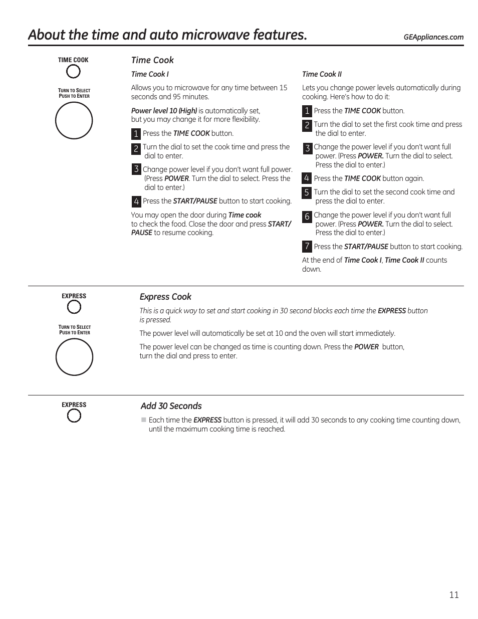 About the time and auto microwave features, Time cook, Express cook | Add 30 seconds | GE CEB1590SSSS User Manual | Page 11 / 64