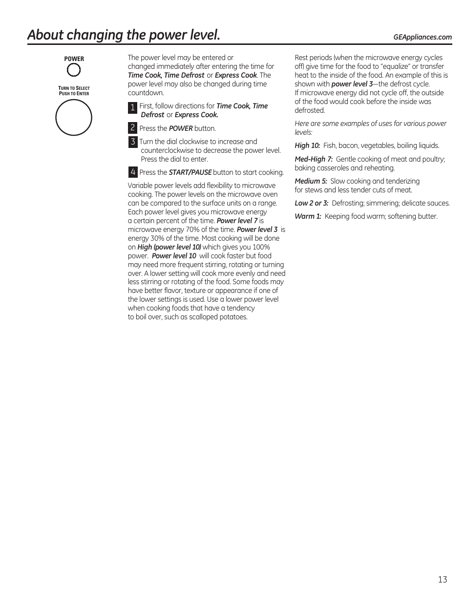 About changing the power level | GE CEB1590SSSS User Manual | Page 13 / 64