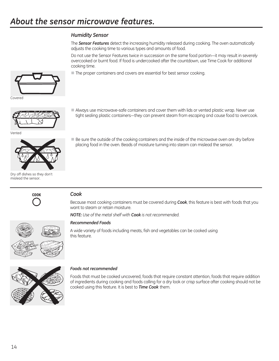 About the sensor microwave features | GE CEB1590SSSS User Manual | Page 14 / 64