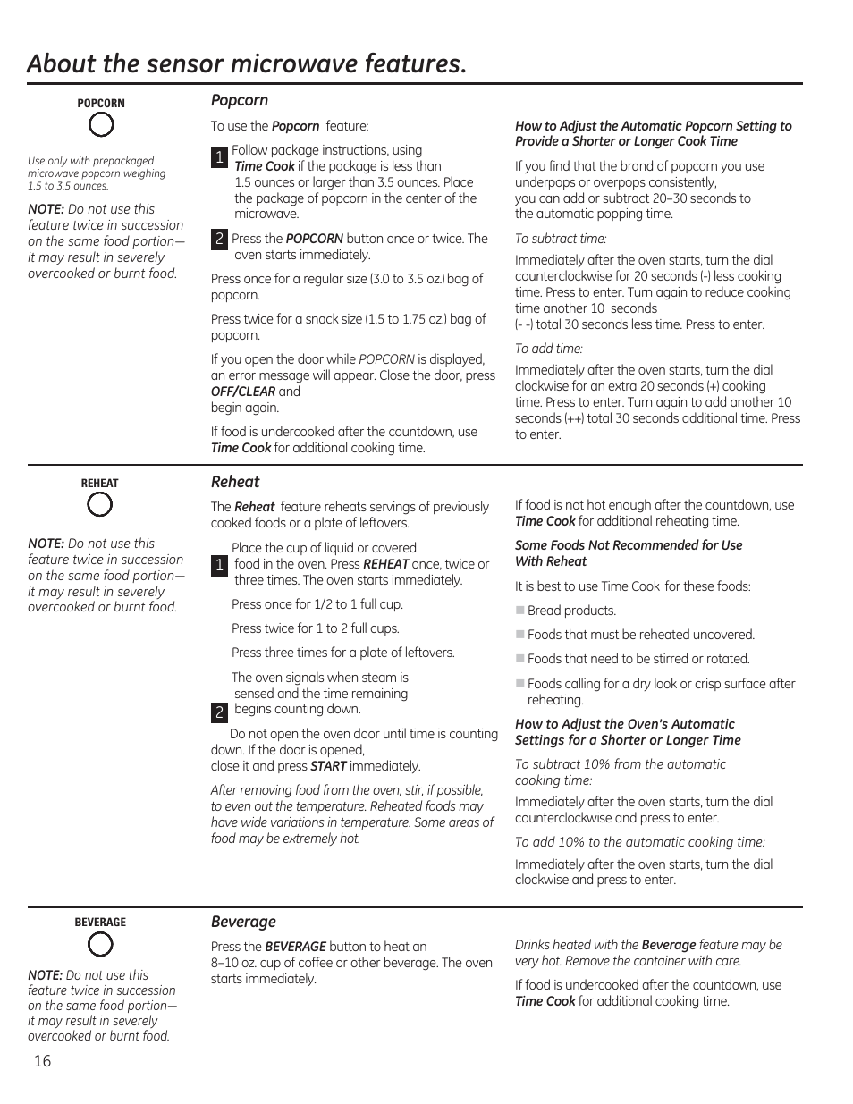 About the sensor microwave features | GE CEB1590SSSS User Manual | Page 16 / 64