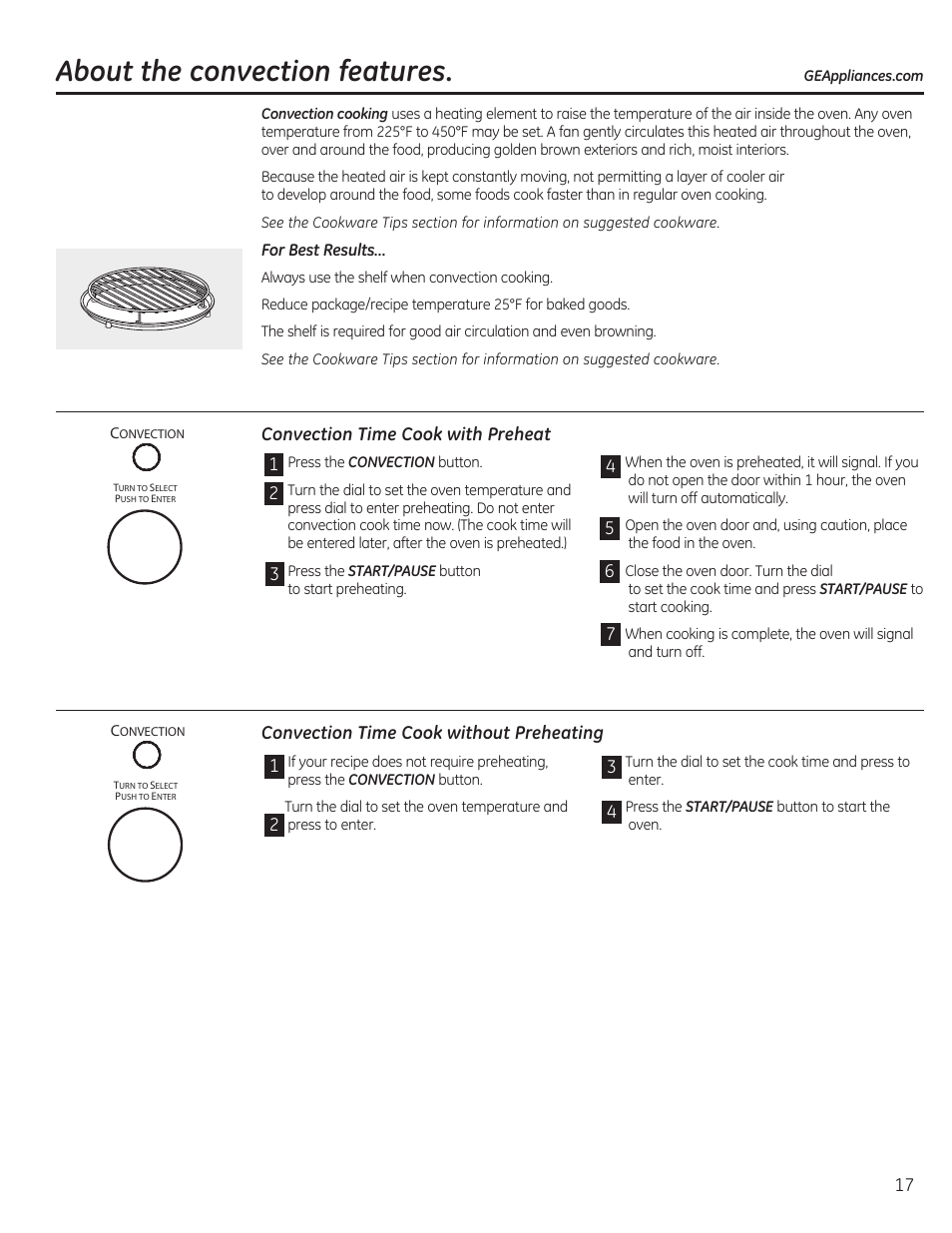 About the convection features, Convection time cook with preheat, Convection time cook without preheating | GE CEB1590SSSS User Manual | Page 17 / 64