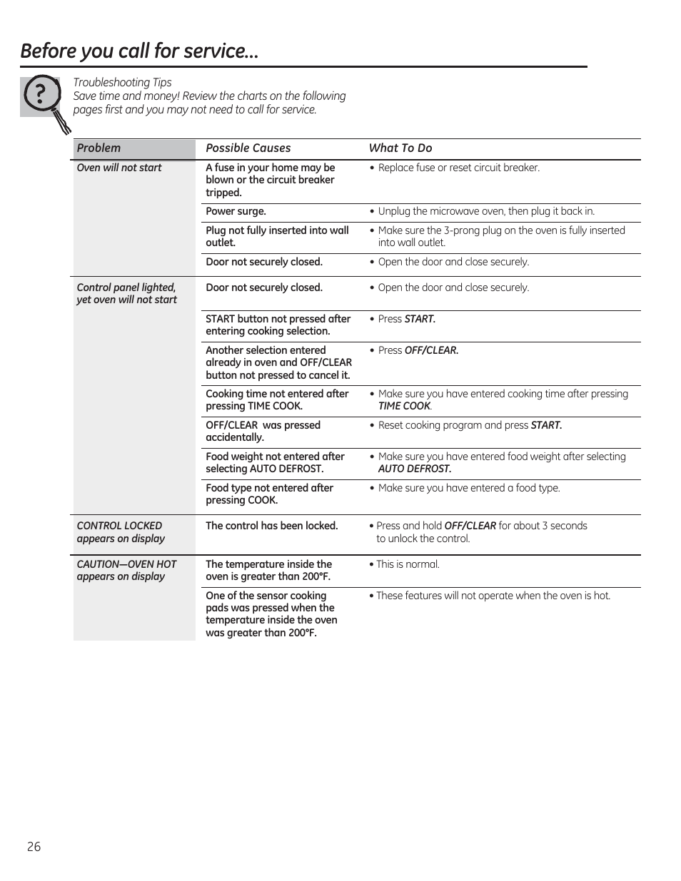 Before you call for service | GE CEB1590SSSS User Manual | Page 26 / 64