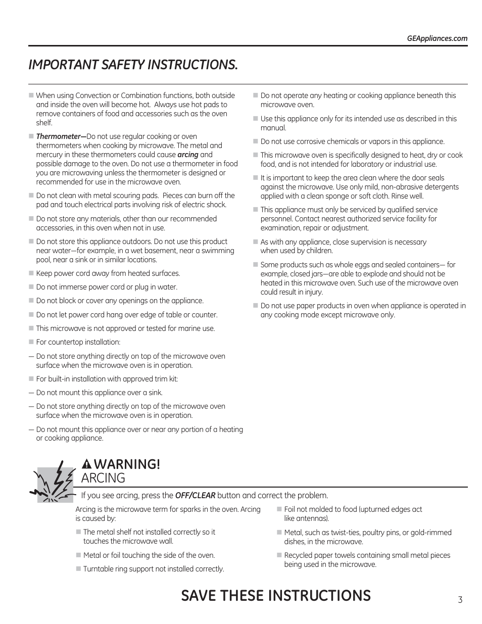 Save these instructions, Important safety instructions, Arcing | Warning | GE CEB1590SSSS User Manual | Page 3 / 64