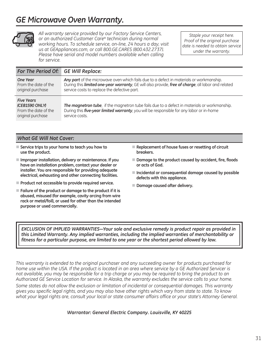 Ge microwave oven warranty | GE CEB1590SSSS User Manual | Page 31 / 64