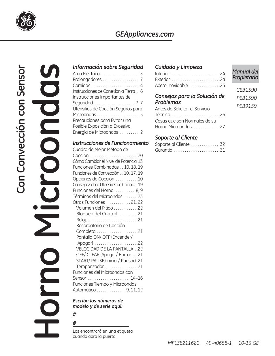 Horno microondas, Con convección con sensor | GE CEB1590SSSS User Manual | Page 33 / 64