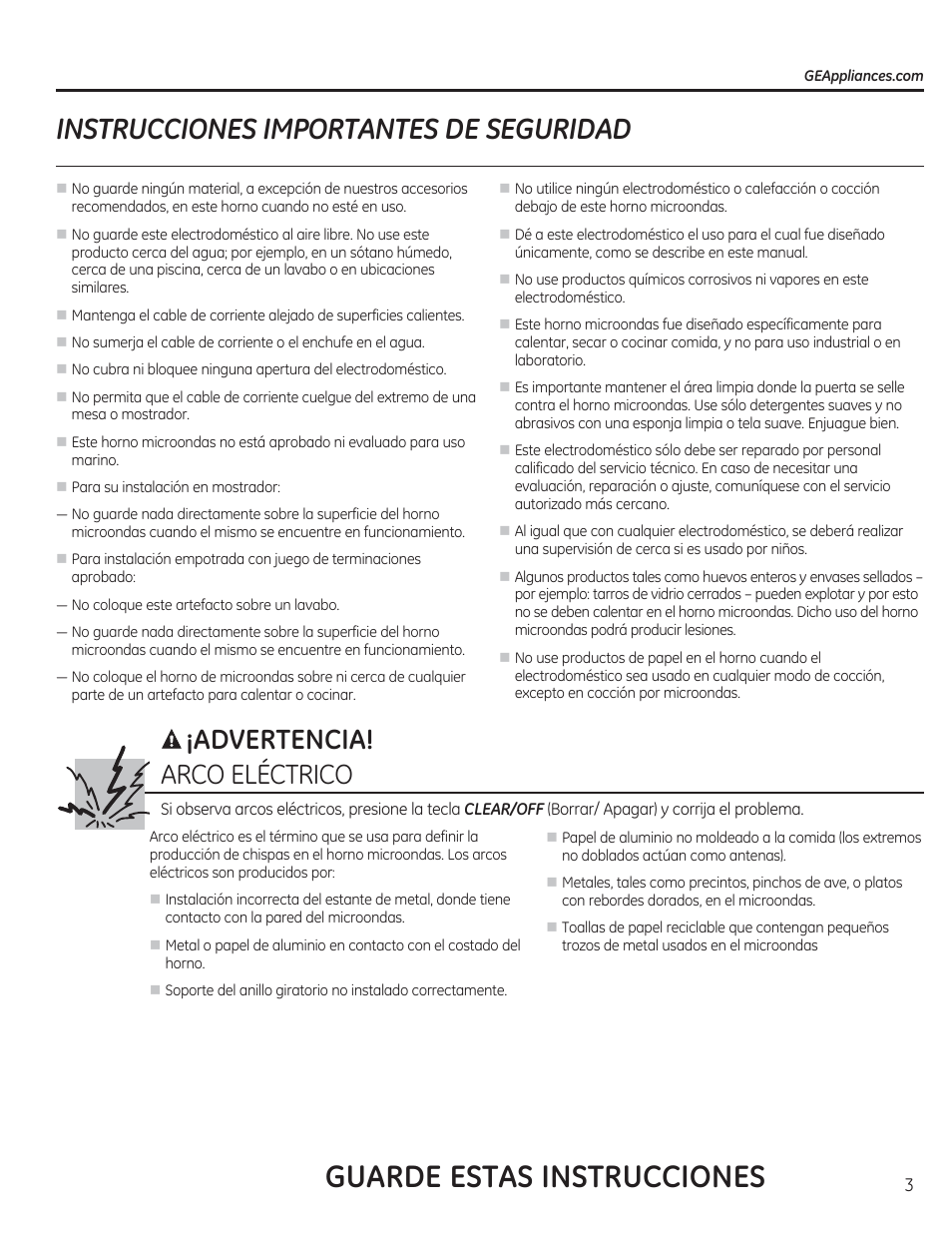 Guarde estas instrucciones, Instrucciones importantes de seguridad, Arco eléctrico | Advertencia | GE CEB1590SSSS User Manual | Page 35 / 64