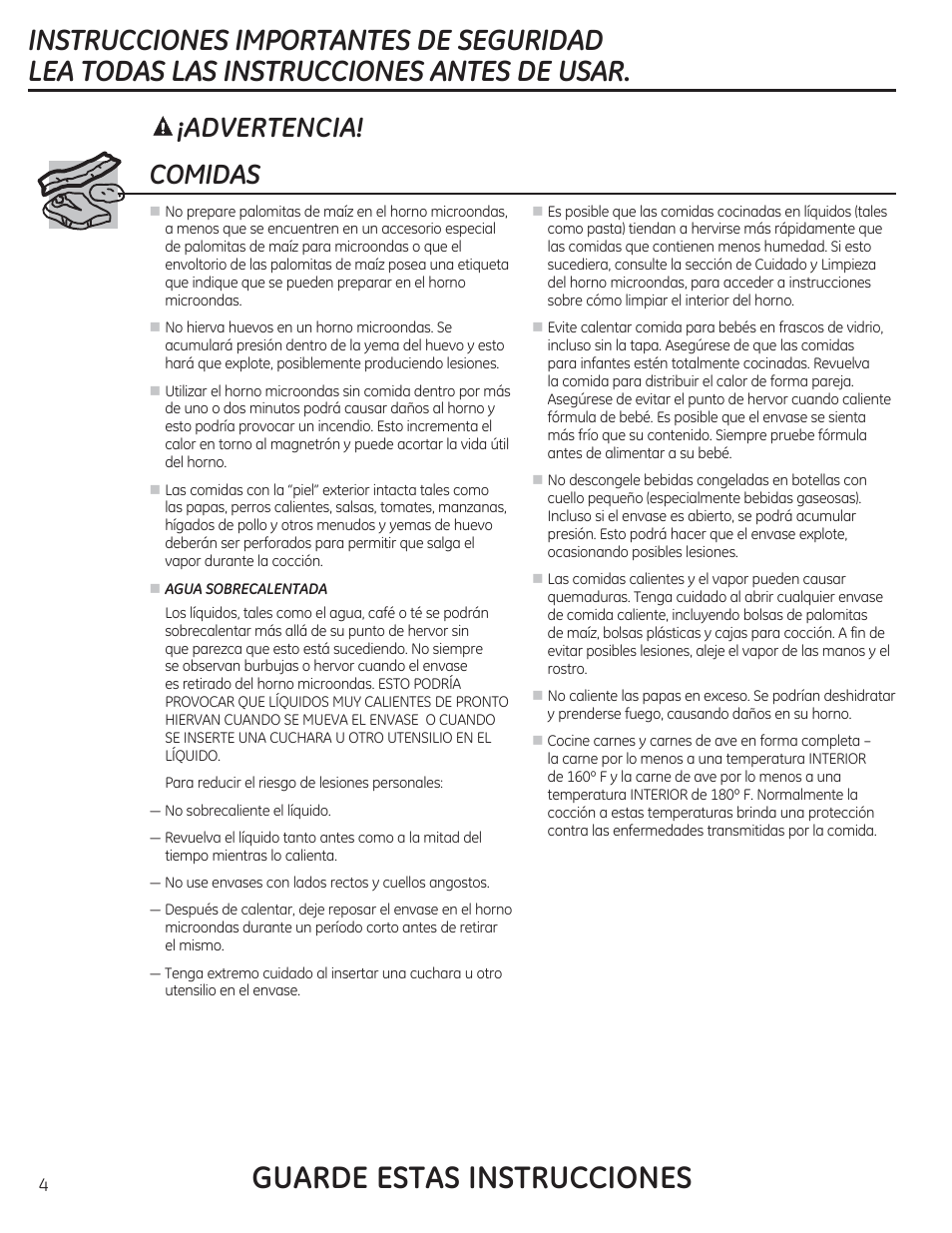 Guarde estas instrucciones, Comidas, Advertencia | GE CEB1590SSSS User Manual | Page 36 / 64