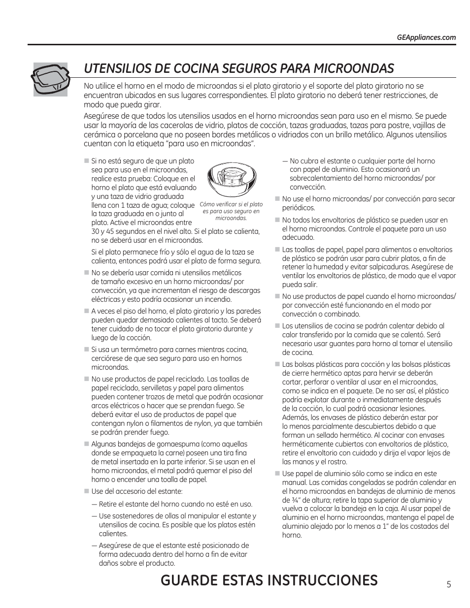 Guarde estas instrucciones, Utensilios de cocina seguros para microondas | GE CEB1590SSSS User Manual | Page 37 / 64