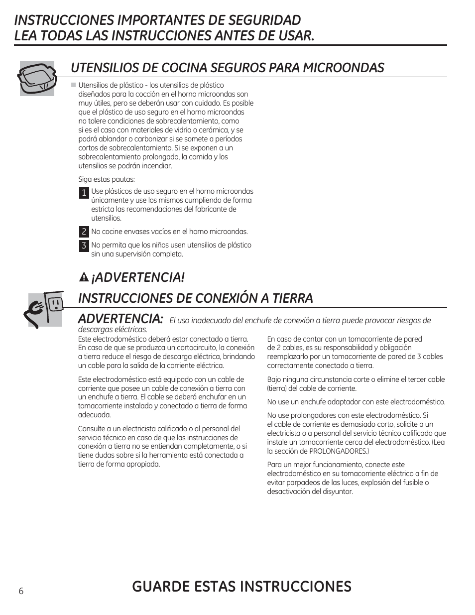 Guarde estas instrucciones, Advertencia! instrucciones de conexión a tierra, Advertencia | Utensilios de cocina seguros para microondas | GE CEB1590SSSS User Manual | Page 38 / 64