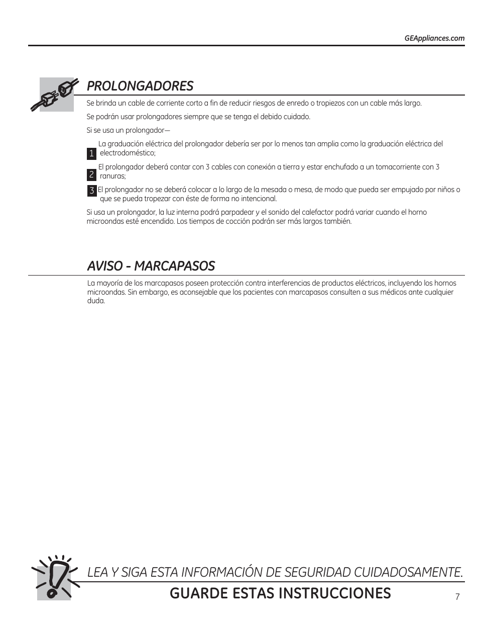 Guarde estas instrucciones, Prolongadores, Aviso - marcapasos | GE CEB1590SSSS User Manual | Page 39 / 64