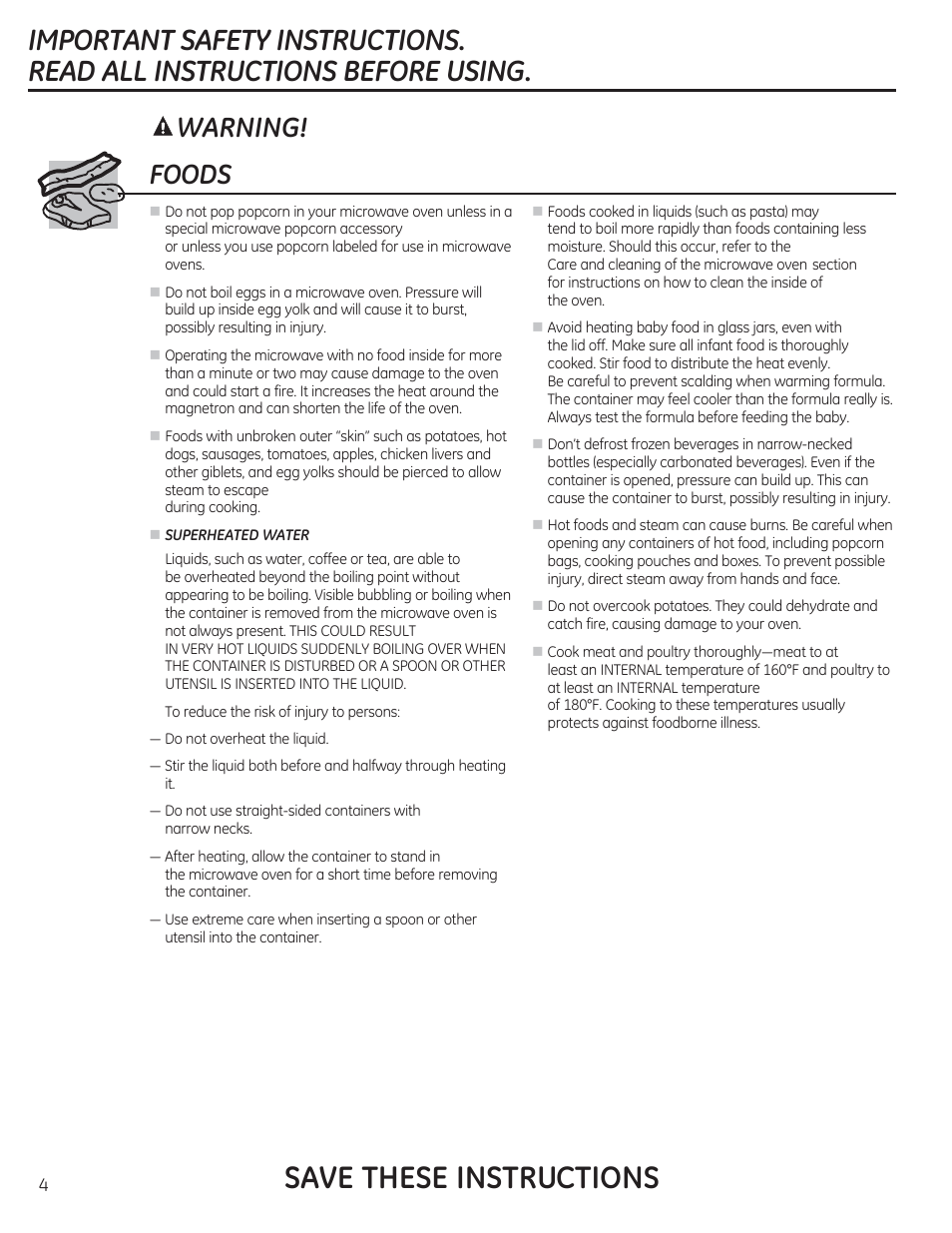 Save these instructions, Foods, Warning | GE CEB1590SSSS User Manual | Page 4 / 64