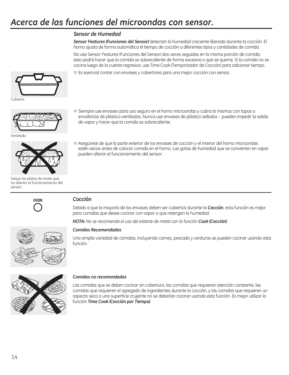 Acerca de las funciones del microondas con sensor | GE CEB1590SSSS User Manual | Page 46 / 64