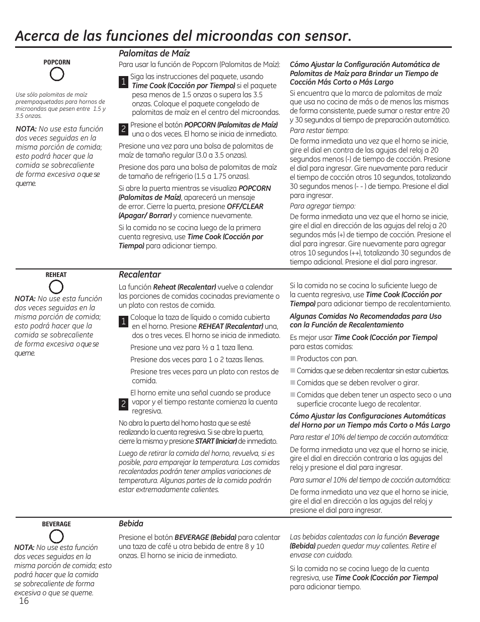 Acerca de las funciones del microondas con sensor | GE CEB1590SSSS User Manual | Page 48 / 64