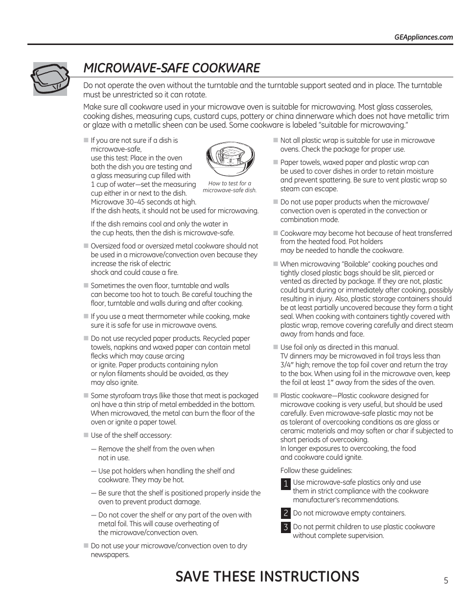 Save these instructions, Microwave-safe cookware | GE CEB1590SSSS User Manual | Page 5 / 64