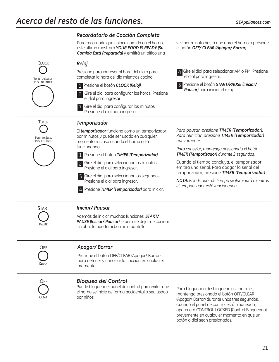Acerca del resto de las funciones, Reloj, Recordatorio de cocción completa | Temporizador, Iniciar/ pausar, Apagar/ borrar, Bloqueo del control | GE CEB1590SSSS User Manual | Page 53 / 64