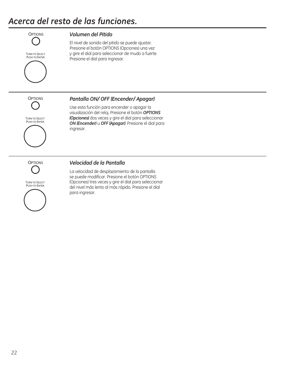 Acerca del resto de las funciones, Pantalla on/ off (encender/ apagar), Velocidad de la pantalla | Volumen del pitido | GE CEB1590SSSS User Manual | Page 54 / 64