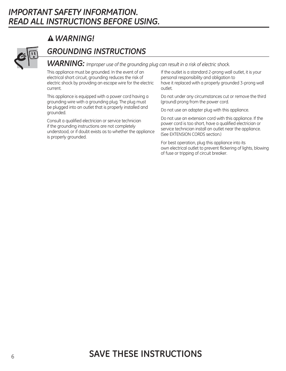 Save these instructions, Warning! grounding instructions, Warning | GE CEB1590SSSS User Manual | Page 6 / 64
