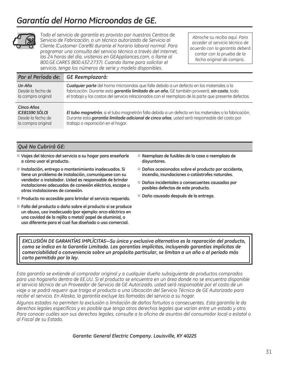 Garantía del horno microondas de ge | GE CEB1590SSSS User Manual | Page 63 / 64