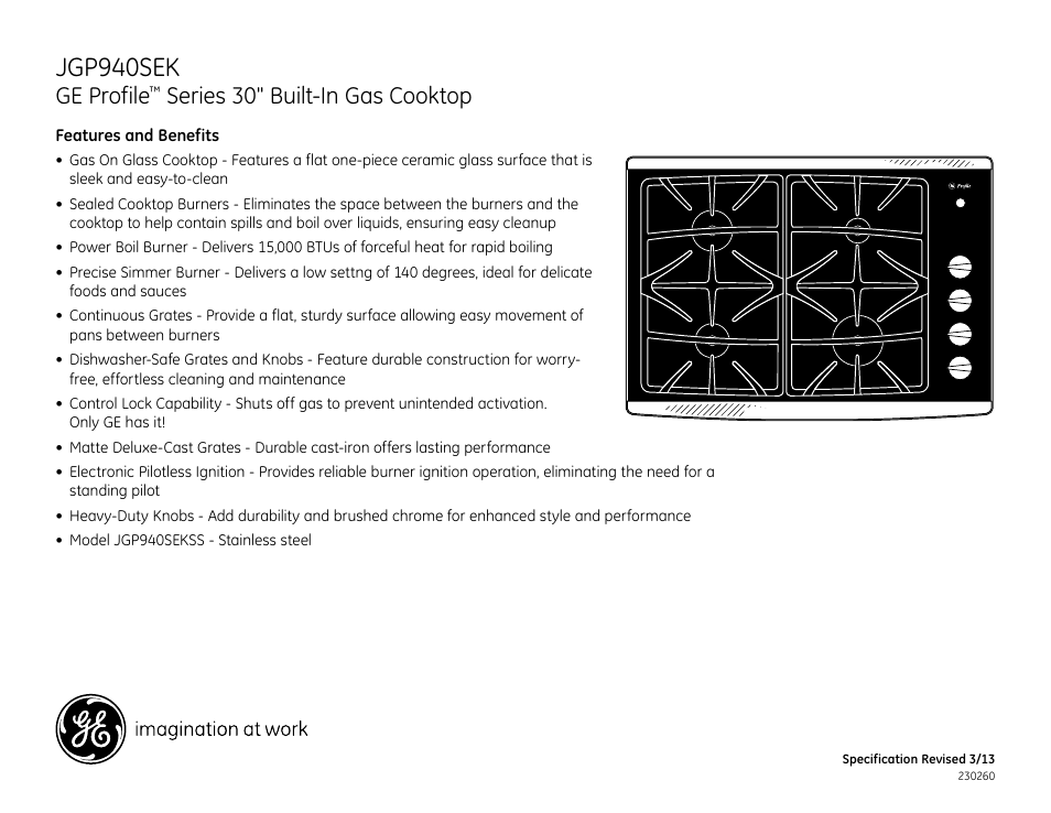 Jgp940sek, Ge profile, Series 30" built-in gas cooktop | GE JGP940SEKSS User Manual | Page 2 / 2