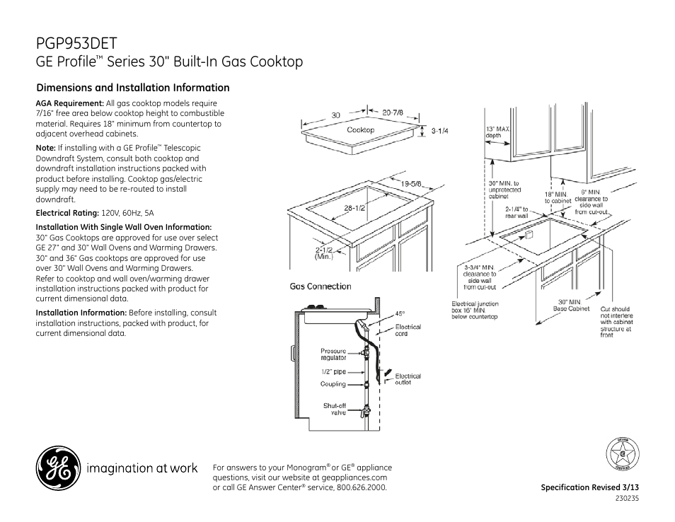 GE PGP953DETWW User Manual | 2 pages