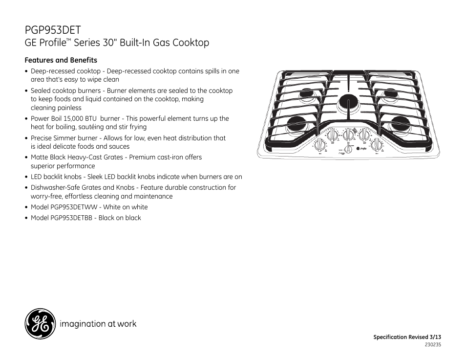 Pgp953det, Ge profile, Series 30" built-in gas cooktop | GE PGP953DETWW User Manual | Page 2 / 2