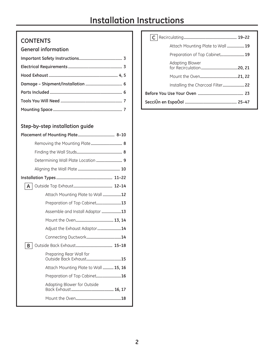 Qvwdoodwlrq,qvwuxfwlrqv | GE CSA1201RSS User Manual | Page 2 / 48