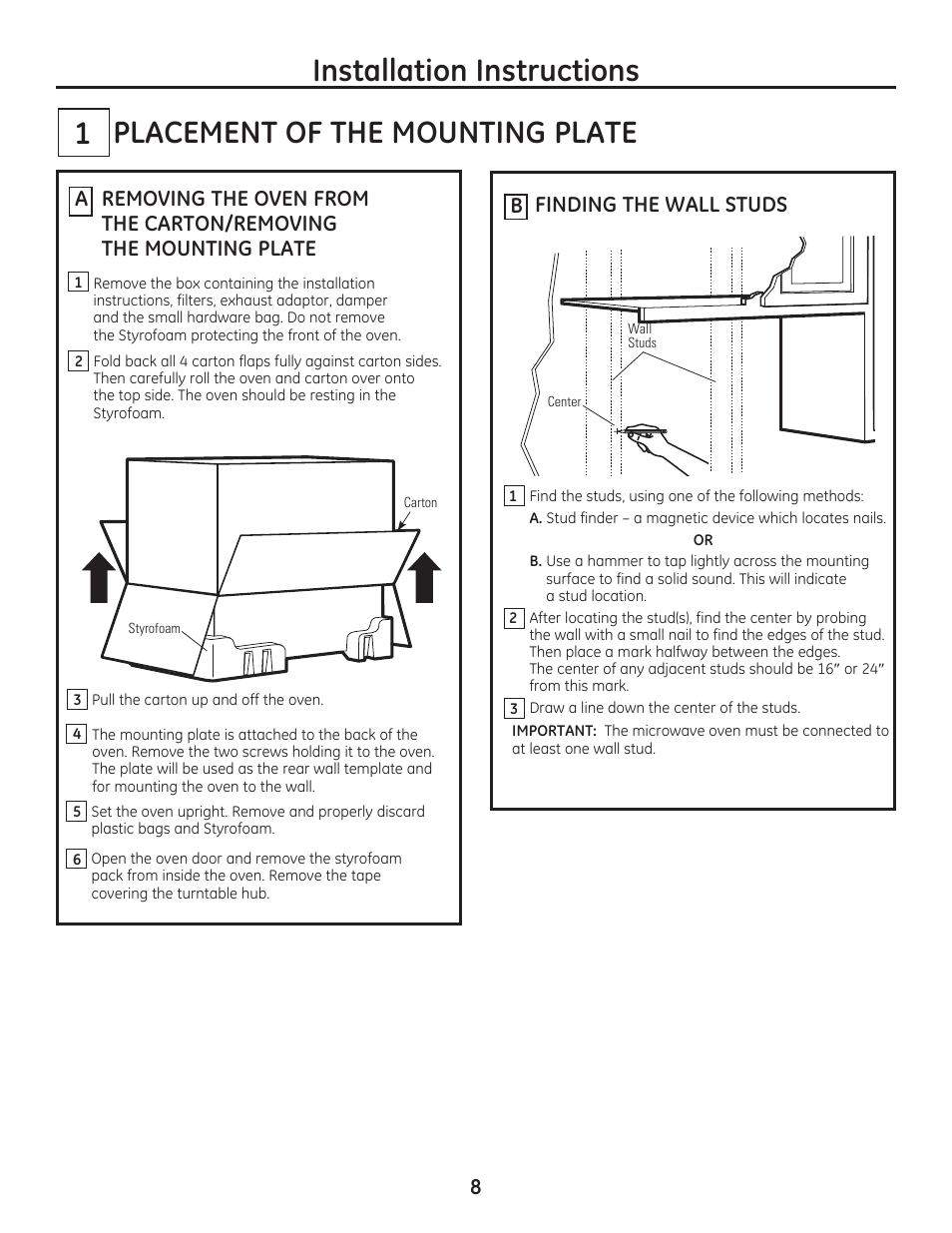 Qvwdoodwlrq,qvwuxfwlrqv | GE CSA1201RSS User Manual | Page 8 / 48
