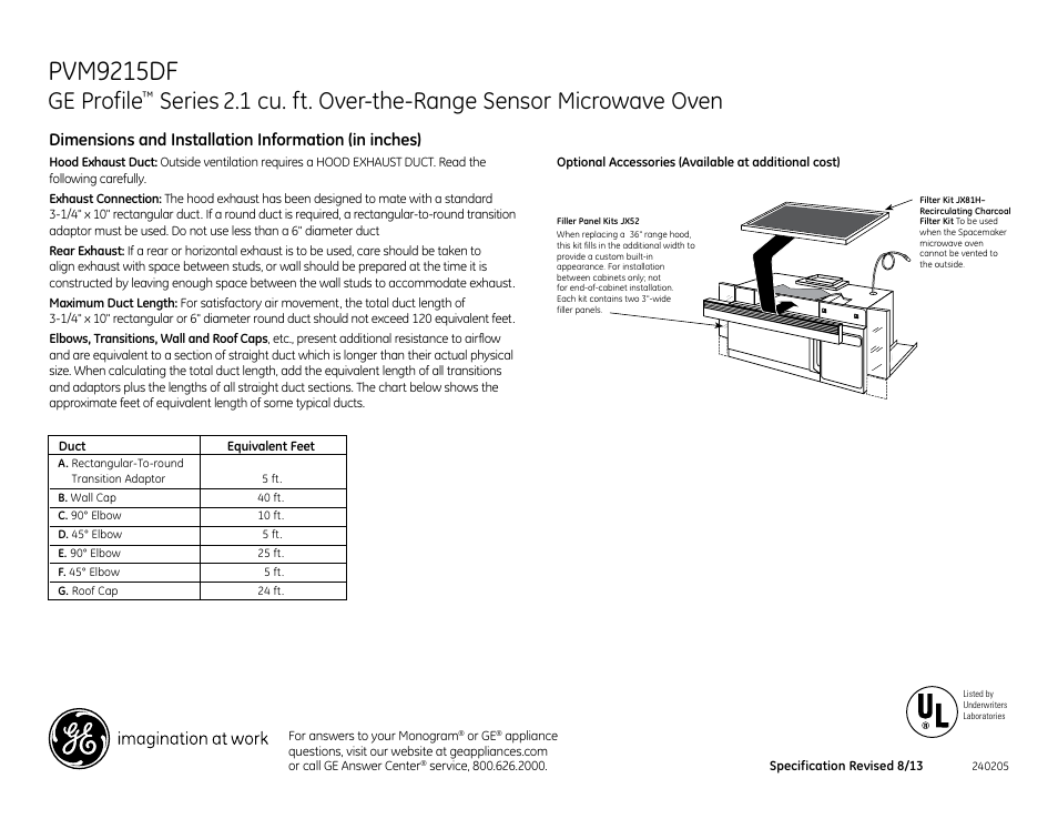 Pvm9215df, Ge profile, Series | 1 cu. ft. over-the-range sensor microwave oven | GE PVM9215DFWW User Manual | Page 2 / 3