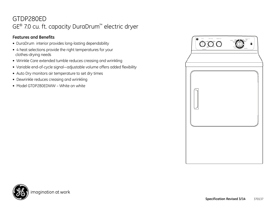 Gtdp280ed, 0 cu. ft. capacity duradrum, Electric dryer | GE GTDP280EDWW User Manual | Page 3 / 3