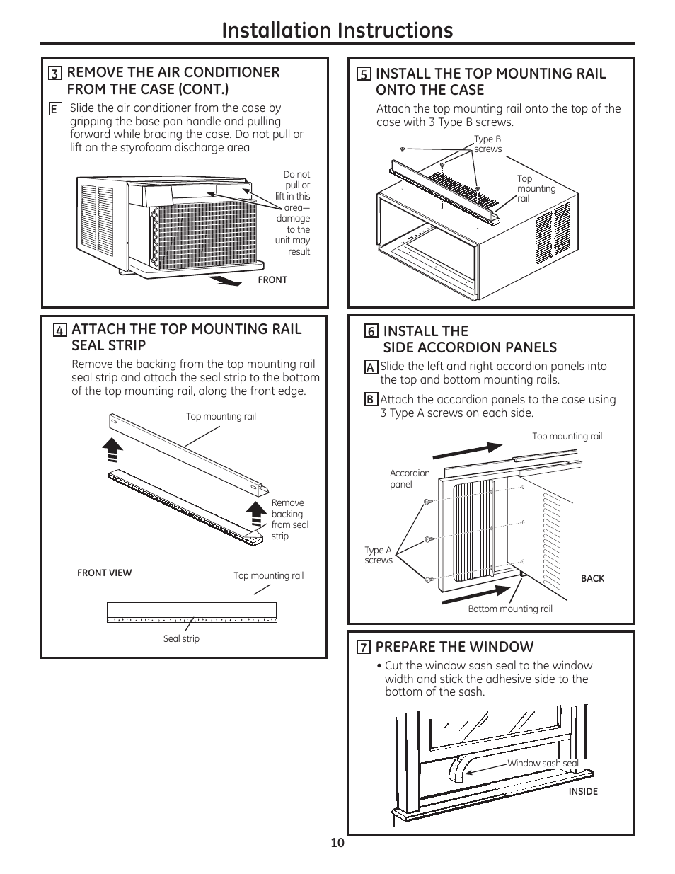 Installation instructions, Install the top mounting rail onto the case, Install the side accordion panels | Prepare the window, Attach the top mounting rail seal strip, Remove the air conditioner from the case (cont.) | GE AEN08LQ User Manual | Page 10 / 32