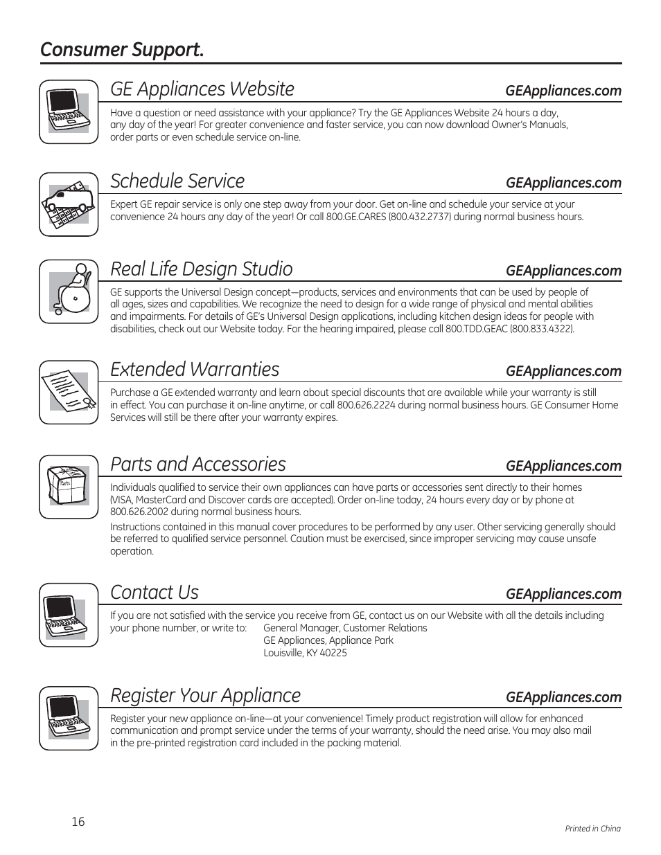 Consumer support. ge appliances website, Schedule service, Real life design studio | Extended warranties, Parts and accessories, Contact us, Register your appliance | GE AEN08LQ User Manual | Page 16 / 32