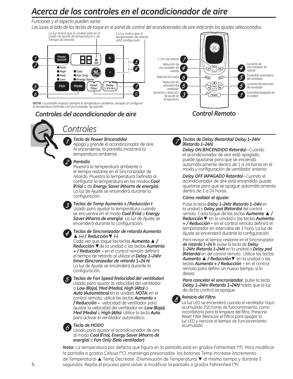 Controles del acondicionador de aire, Control remoto | GE AEN08LQ User Manual | Page 20 / 32