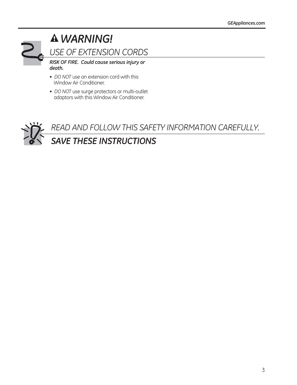 Warning, Use of extension cords, Save these instructions | Read and follow this safety information carefully | GE AEN08LQ User Manual | Page 3 / 32