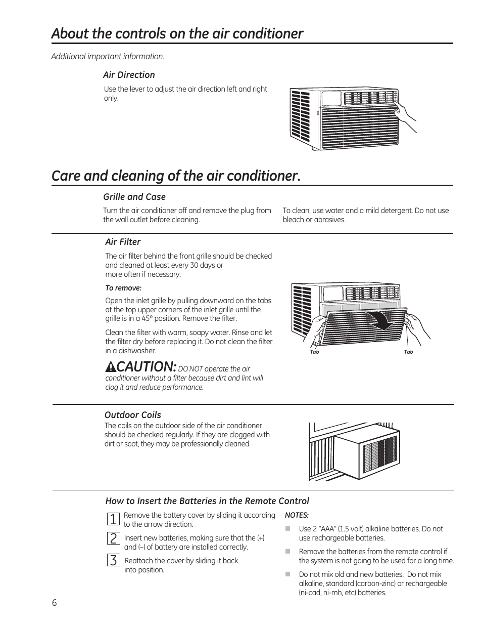 About the controls on the air conditioner, Care and cleaning of the air conditioner, Caution | GE AEN08LQ User Manual | Page 6 / 32