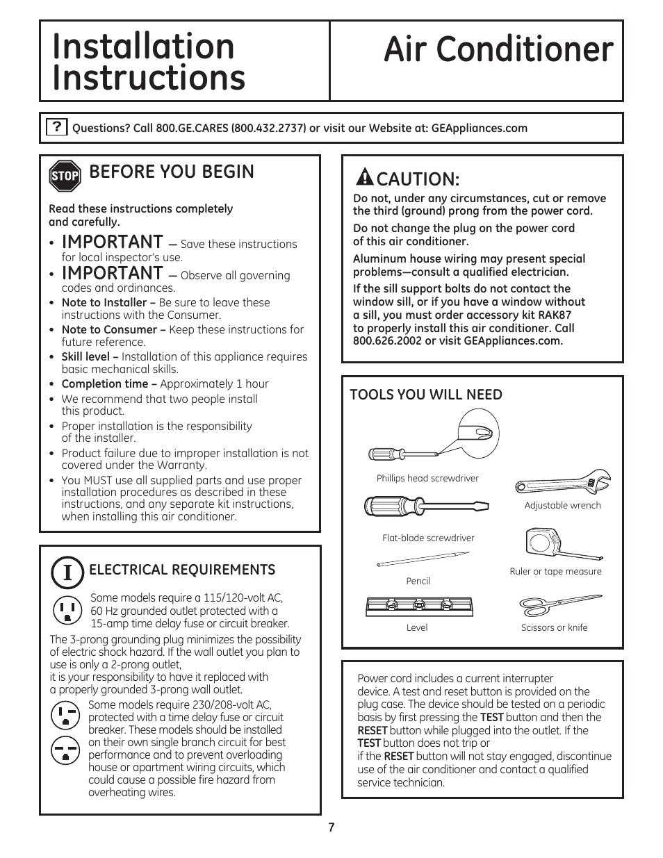 Installation air conditioner, Instructions, Before you begin | Important, Caution | GE AEN08LQ User Manual | Page 7 / 32