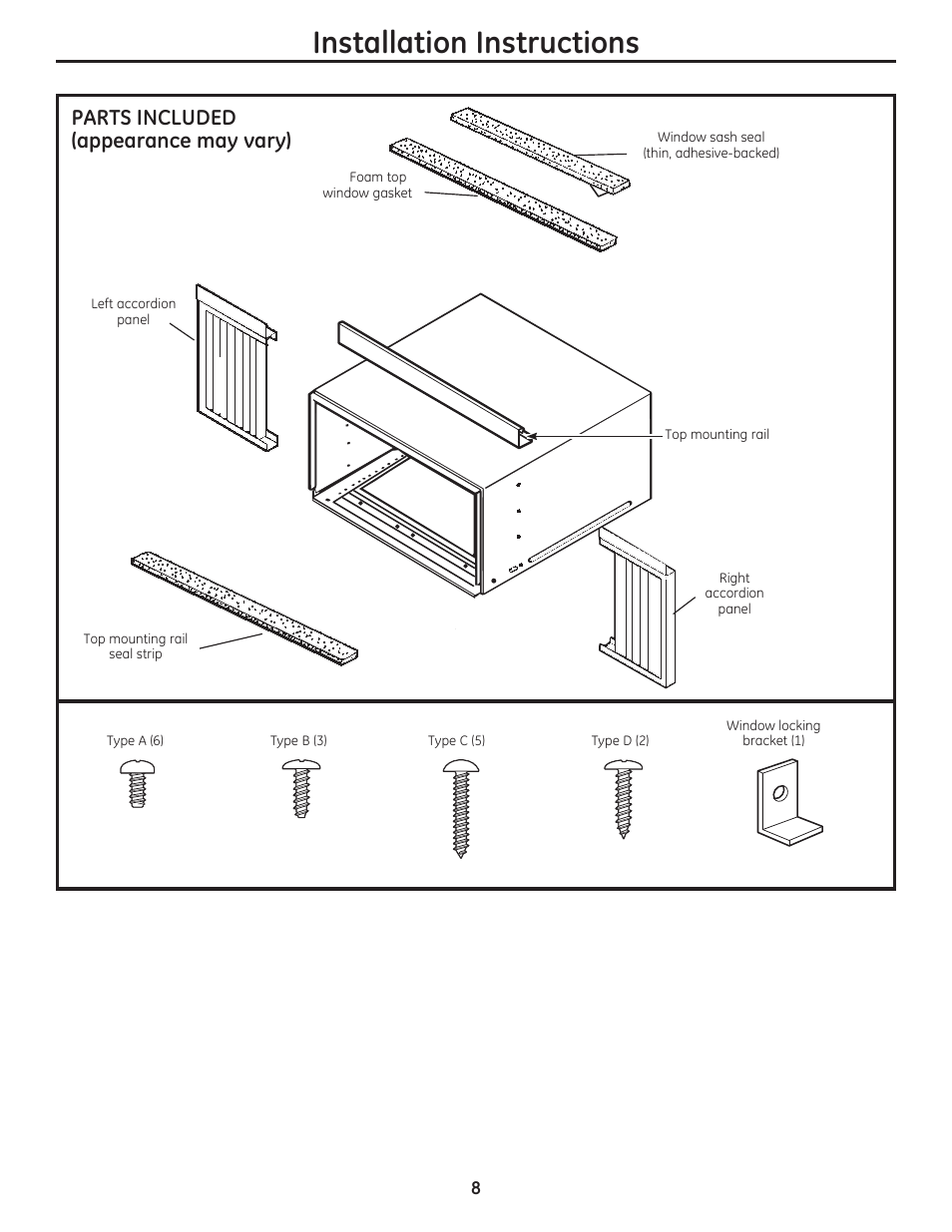 Installation instructions, Parts included (appearance may vary) | GE AEN08LQ User Manual | Page 8 / 32