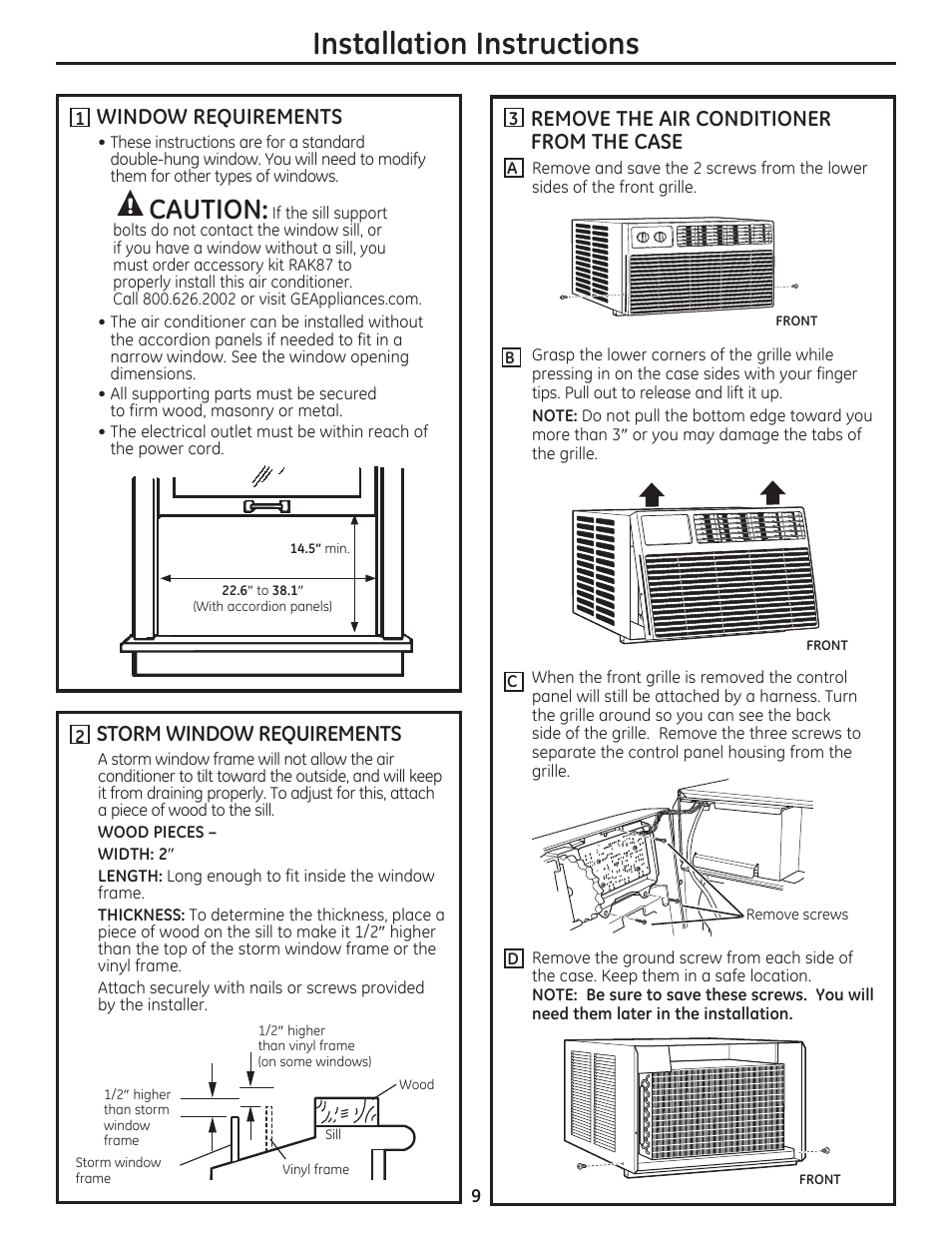 Installation instructions, Caution, Remove the air conditioner from the case | Window requirements, Storm window requirements | GE AEN08LQ User Manual | Page 9 / 32
