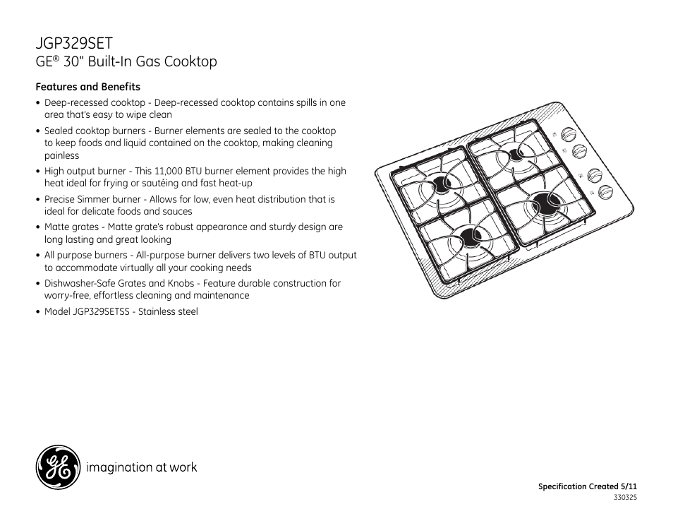 Jgp329set, 30" built-in gas cooktop | GE JGP329SETSS User Manual | Page 2 / 2