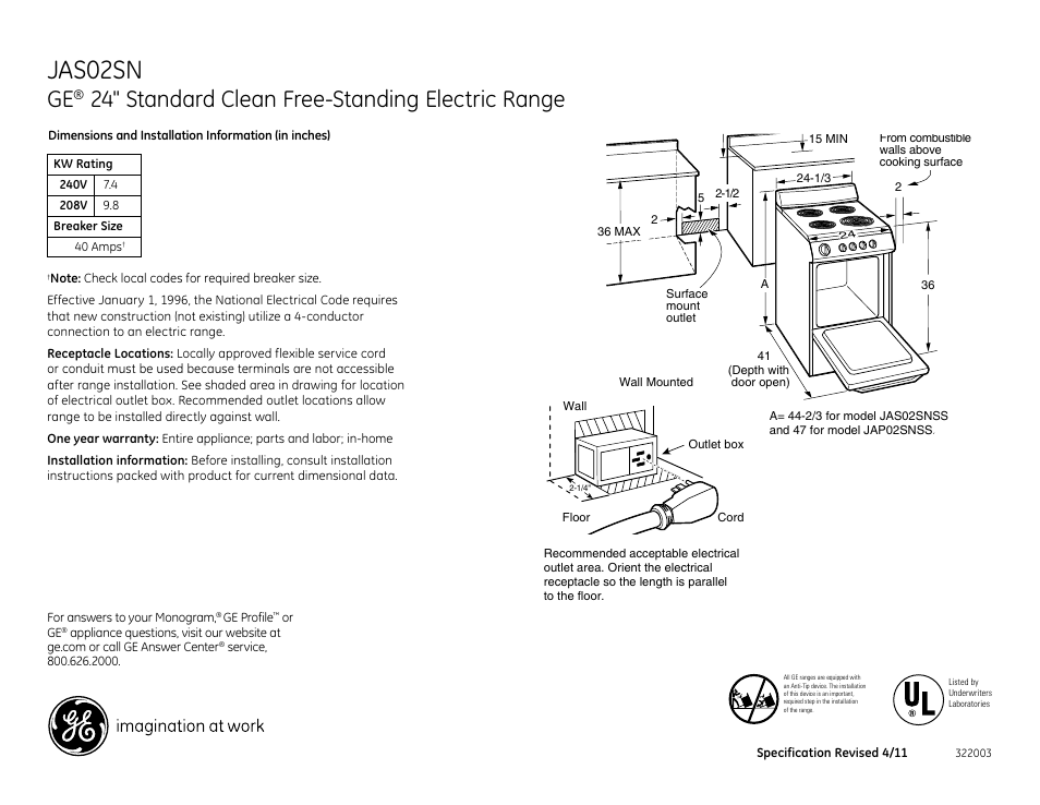 GE JAS02SNSS User Manual | 2 pages