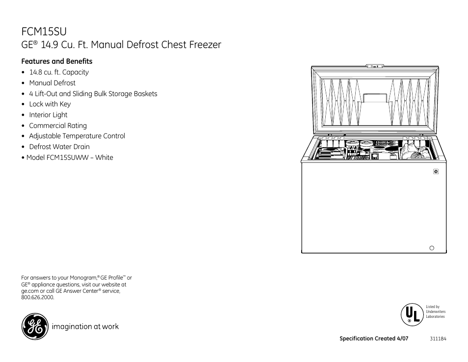 Ge® 14.9 cu. ft. manual defrost chest freezer | GE FCM15SUWW User Manual | Page 2 / 2