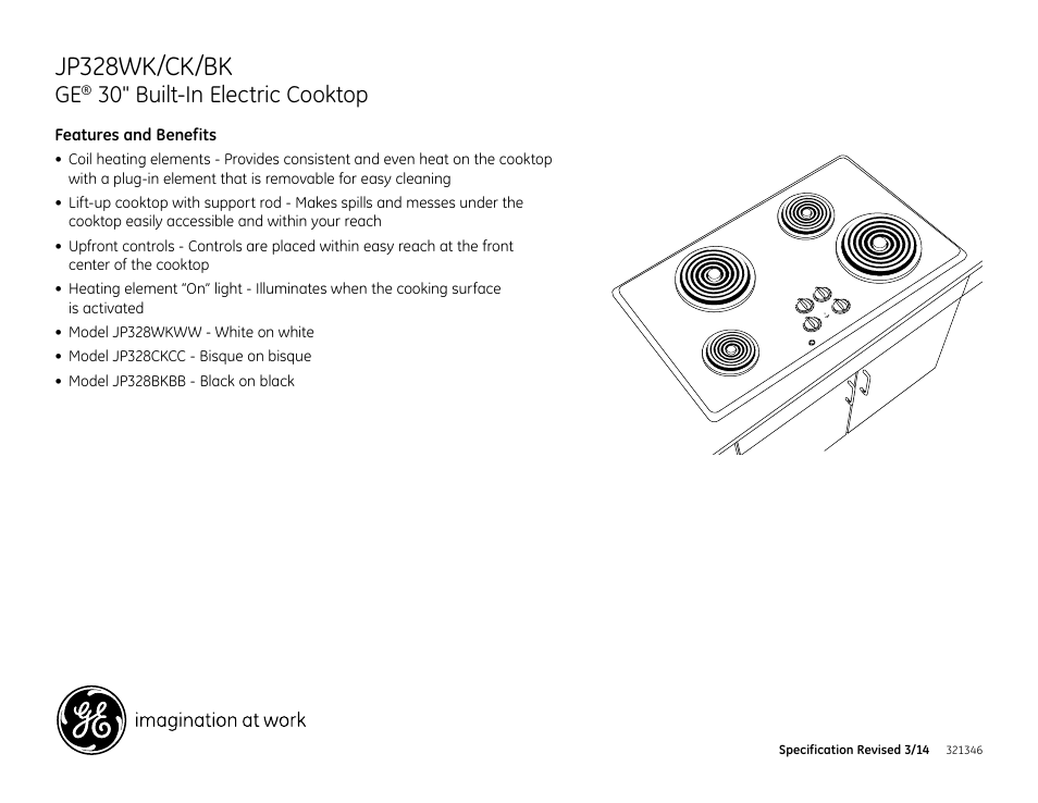 Jp328wk/ck/bk, 30" built-in electric cooktop | GE JP328CKCC User Manual | Page 2 / 2