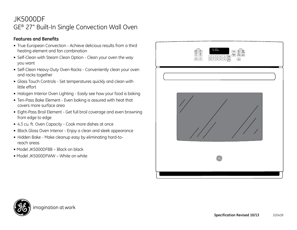 Jk5000dfww/bb, Jk5000df, 27" built-in single convection wall oven | GE JK5000DFWW User Manual | Page 3 / 3