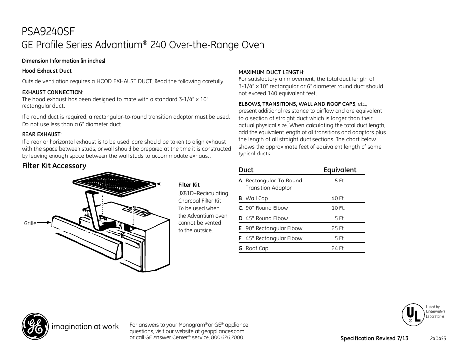 Psa9240sf, Ge profile series advantium, 240 over-the-range oven | GE PSA9240SFSS User Manual | Page 2 / 3